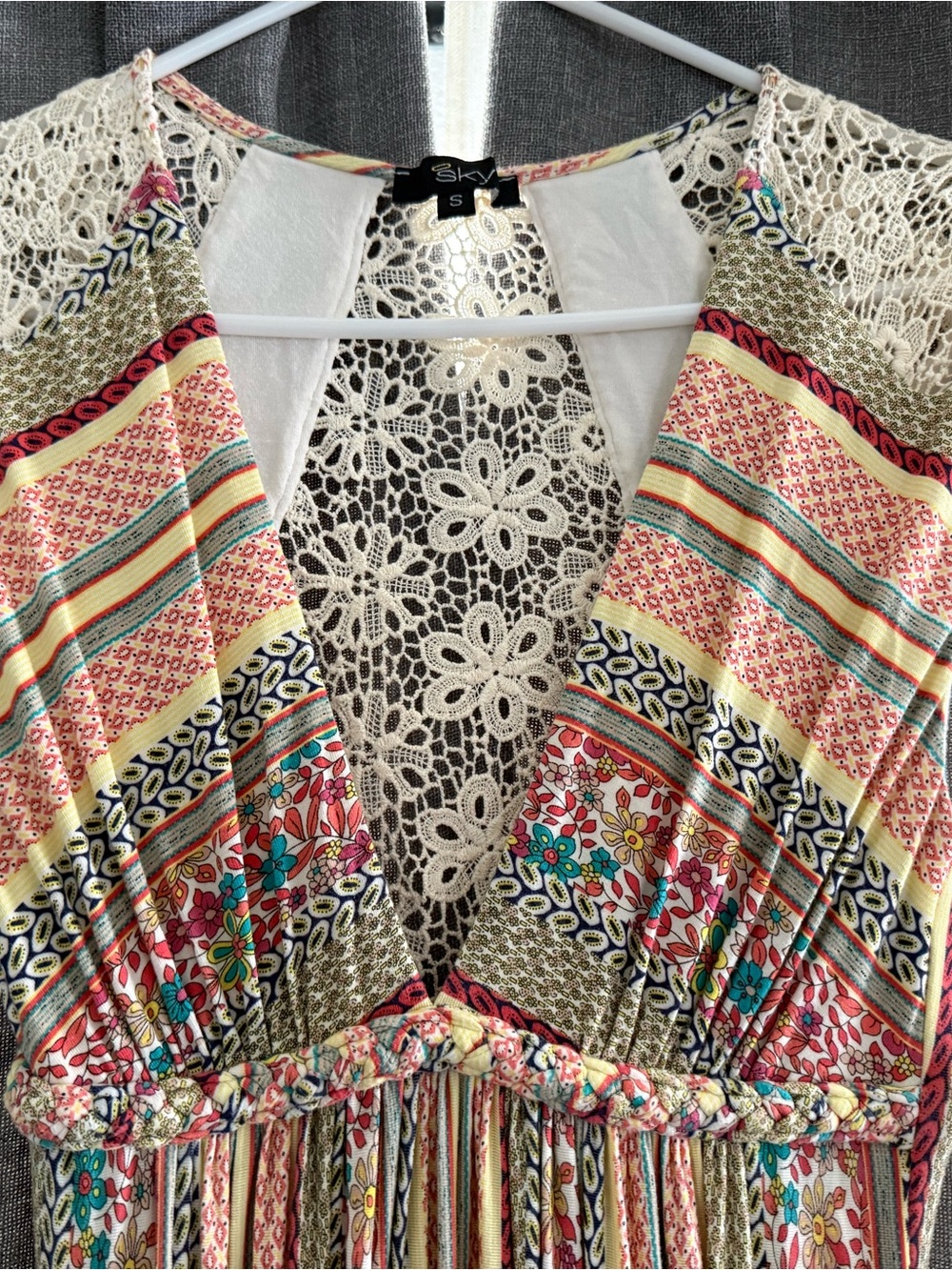 Sky Multicolor Floral Crochet-Trim Boho Maxi Dress
